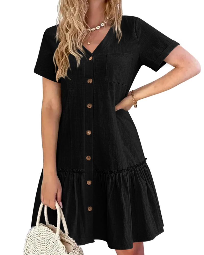 Nora Women's Cotton Linen Dress – V-Neck Knee-Length Dress with Wooden Buttons