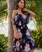 Daisy Women’s Floral Mini Dress – Off Shoulder Ruffle Hem Summer Beach Dress