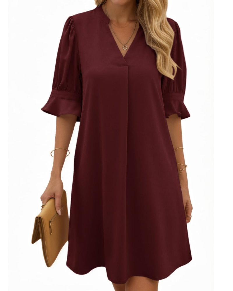Tessa Women's V-Neck Midi Dress – Ruched Sleeve Summer Dress in Solid Color