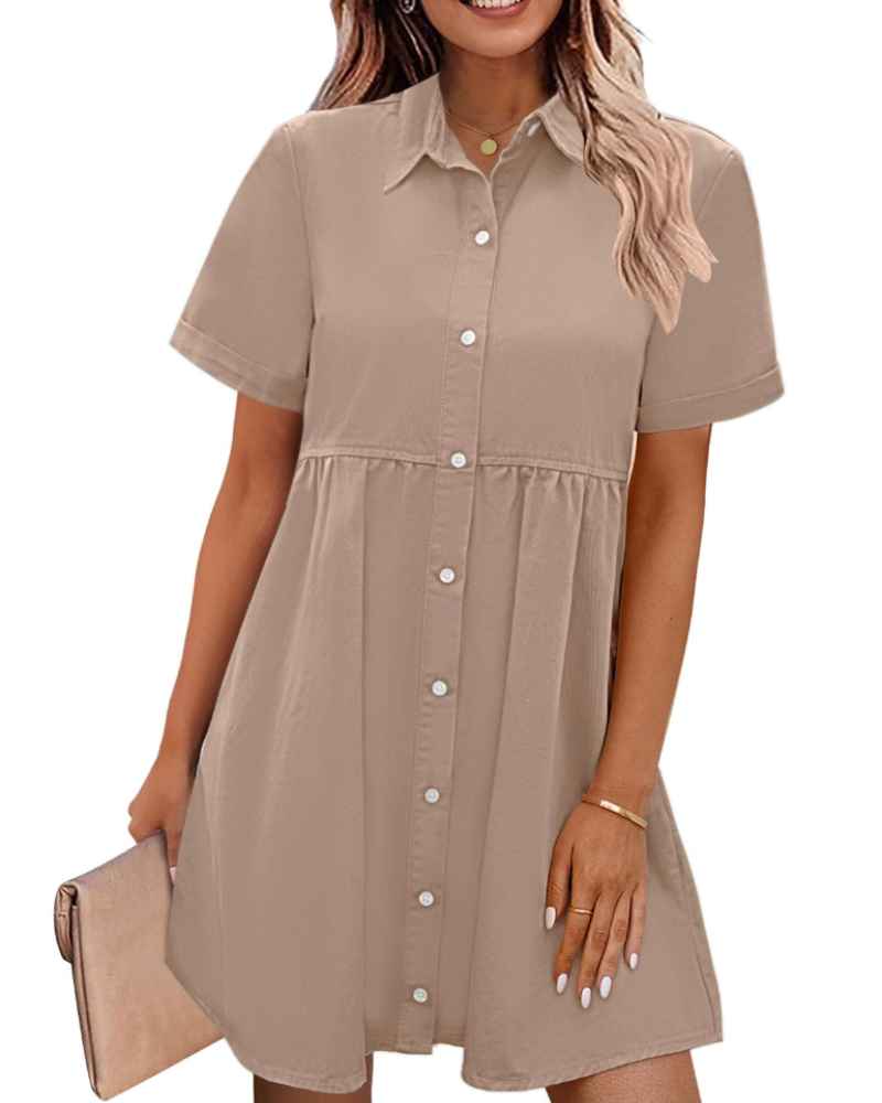 Emma Women's Denim Shirt Dress – Babydoll Button Down Dress with Tiered Detail