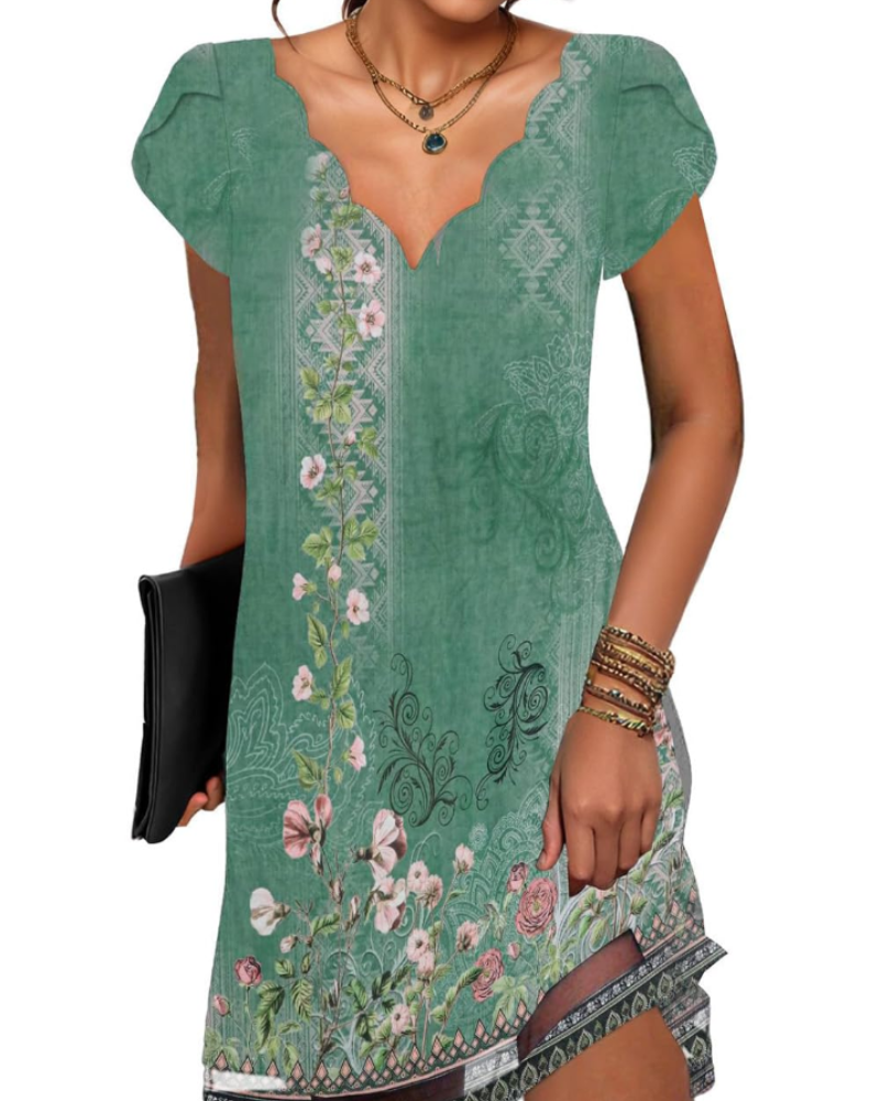 Naomi Women's V-Neck Mini Dress – Printed Short Sleeve Summer Dress