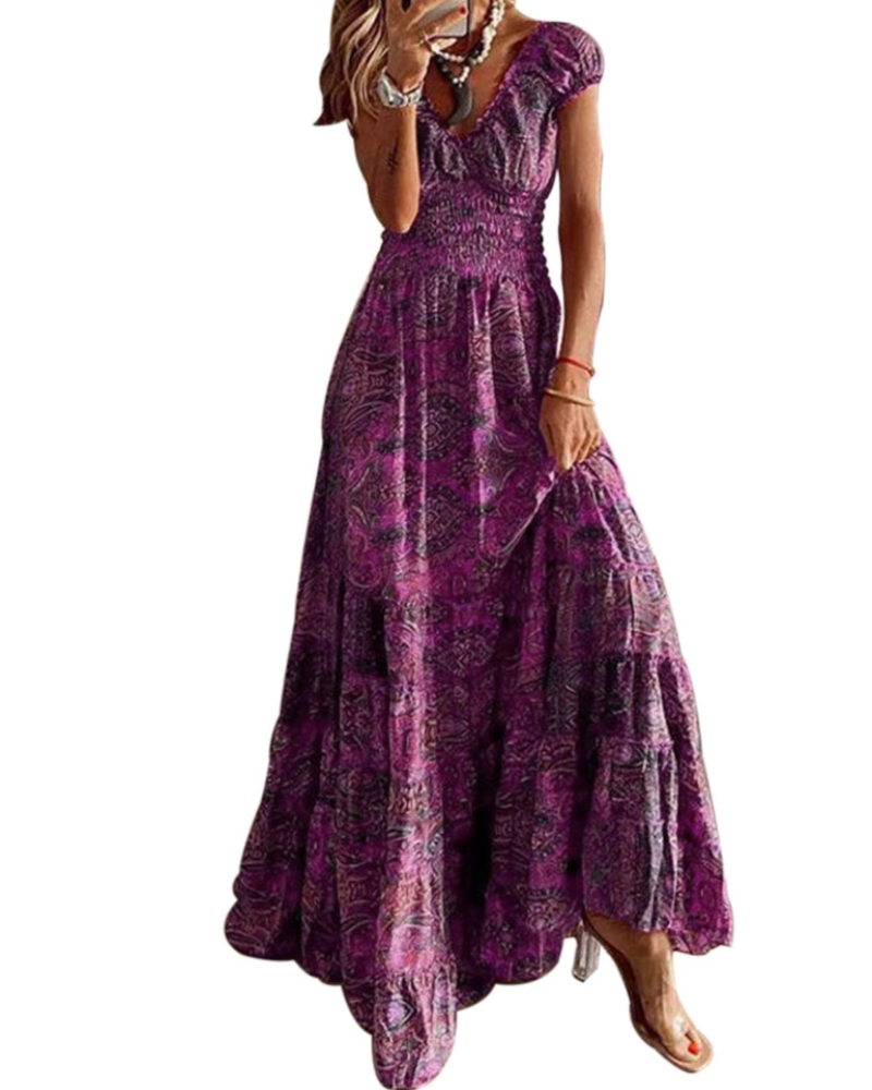 Freya Women's Boho Maxi Dress – Floral V-Neck Summer Dress with Elastic Waist