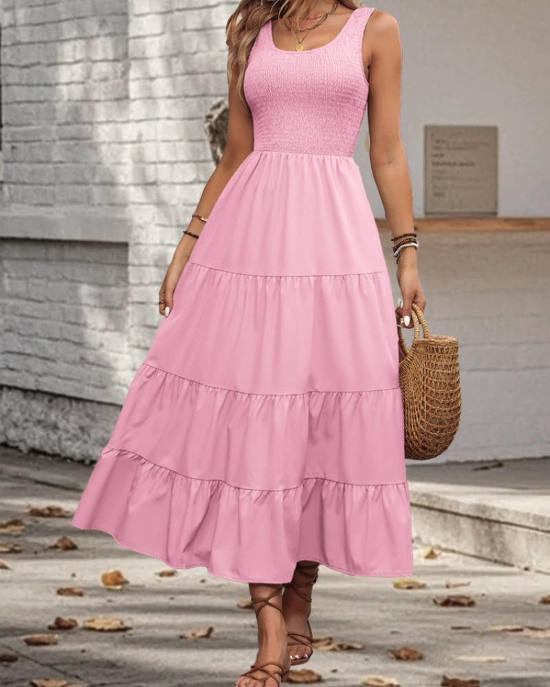 Serena Women’s Midi Dress – Sleeveless Ruffle Swing Dress with Square Neck