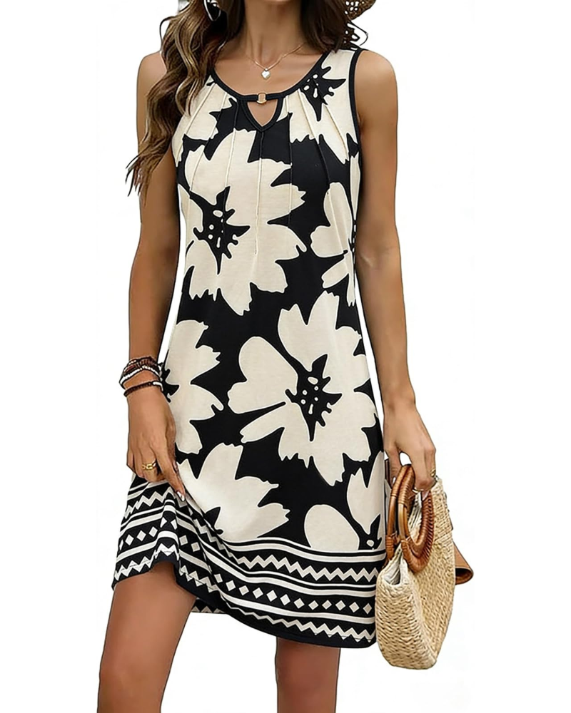 Marina Women's Floral V-Neck Mini Dress – Sleeveless A-Line Dress with Pleated Front