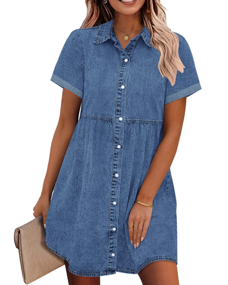 Emma Women's Denim Shirt Dress – Babydoll Button Down Dress with Tiered Detail