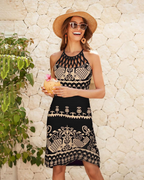 Rowena Women's Halter Midi Dress – Ethnic Print Boho Sleeveless Summer Flow Dress