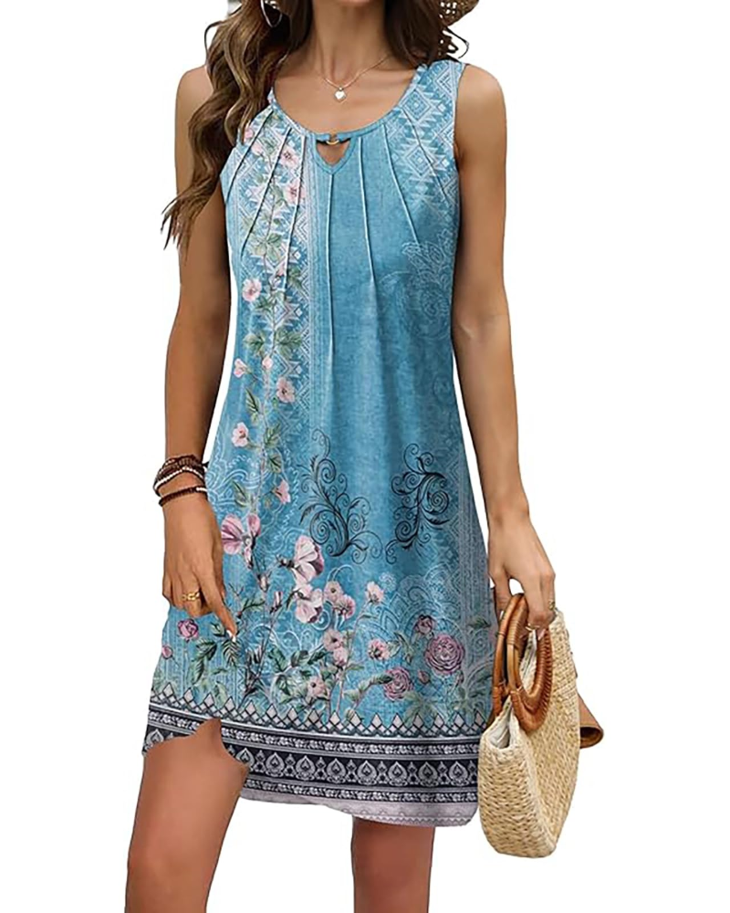 Marina Women's Floral V-Neck Mini Dress – Sleeveless A-Line Dress with Pleated Front