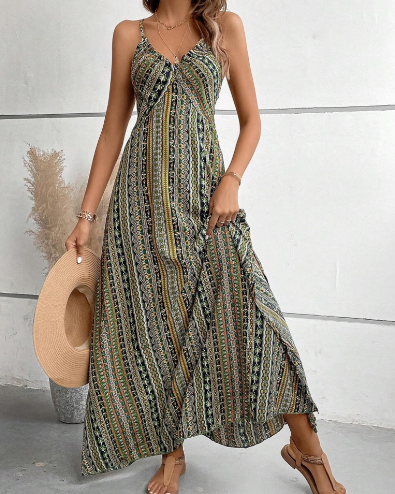 Sienna Women's Bohemian Maxi Dress – Sleeveless V-Neck Ethnic Print Summer Dress