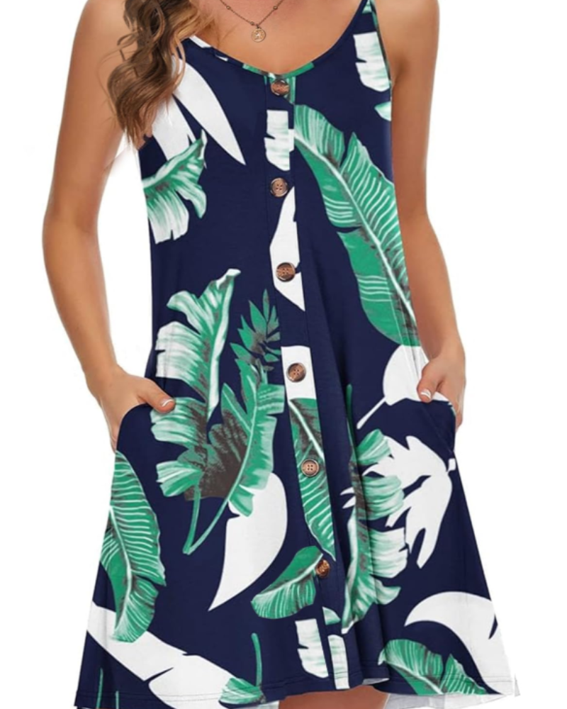Daisy Women's Beach Dress – V-Neck Button-Front Mini Dress with Pockets