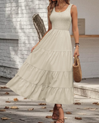 Serena Women’s Midi Dress – Sleeveless Ruffle Swing Dress with Square Neck