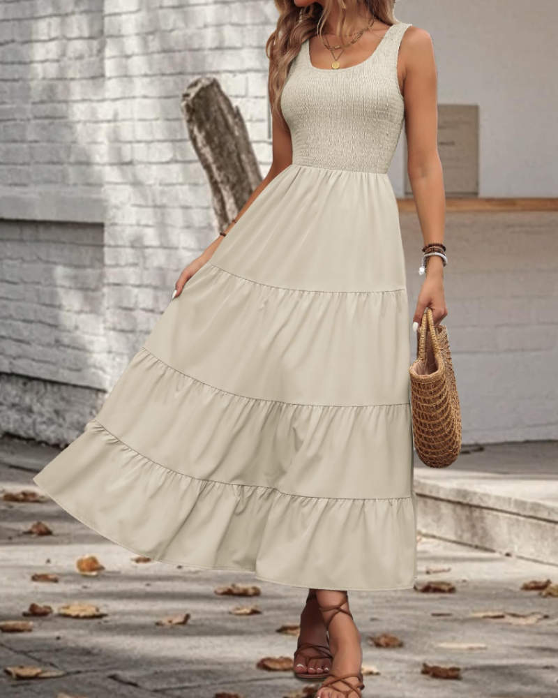 Serena Women’s Midi Dress – Sleeveless Ruffle Swing Dress with Square Neck