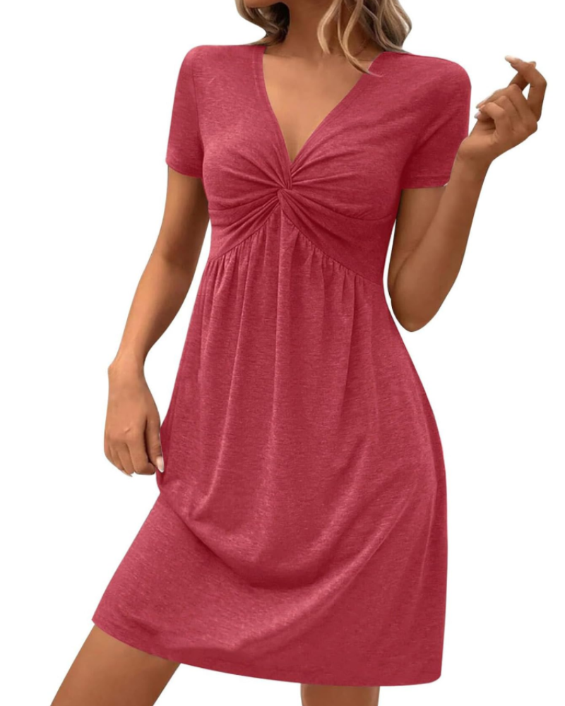 Evelyn Women's Mini Dress – V-Neck A-Line Summer Dress with Pleated Bust Detail