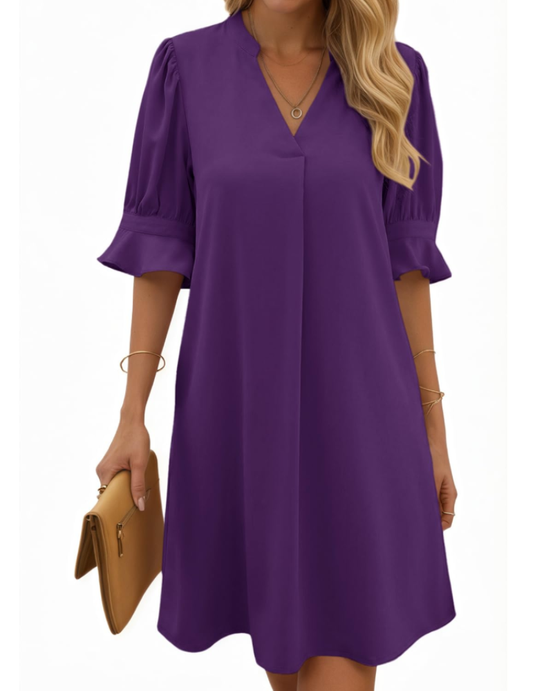 Tessa Women's V-Neck Midi Dress – Ruched Sleeve Summer Dress in Solid Color