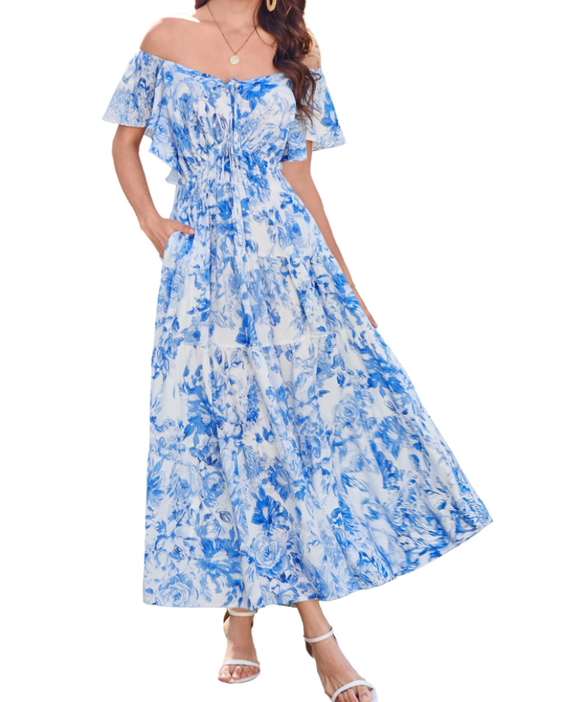 Camryn Women's Floral Maxi Dress – V-Neck Ruffle Sleeve Elastic Waist Boho Dress