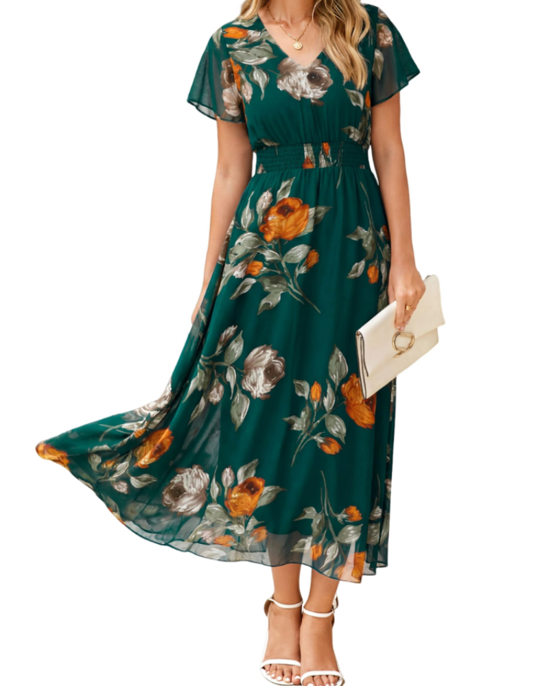 Isabella Women's Floral Maxi Dress – V-Neck Flutter Sleeve Dress for Weddings