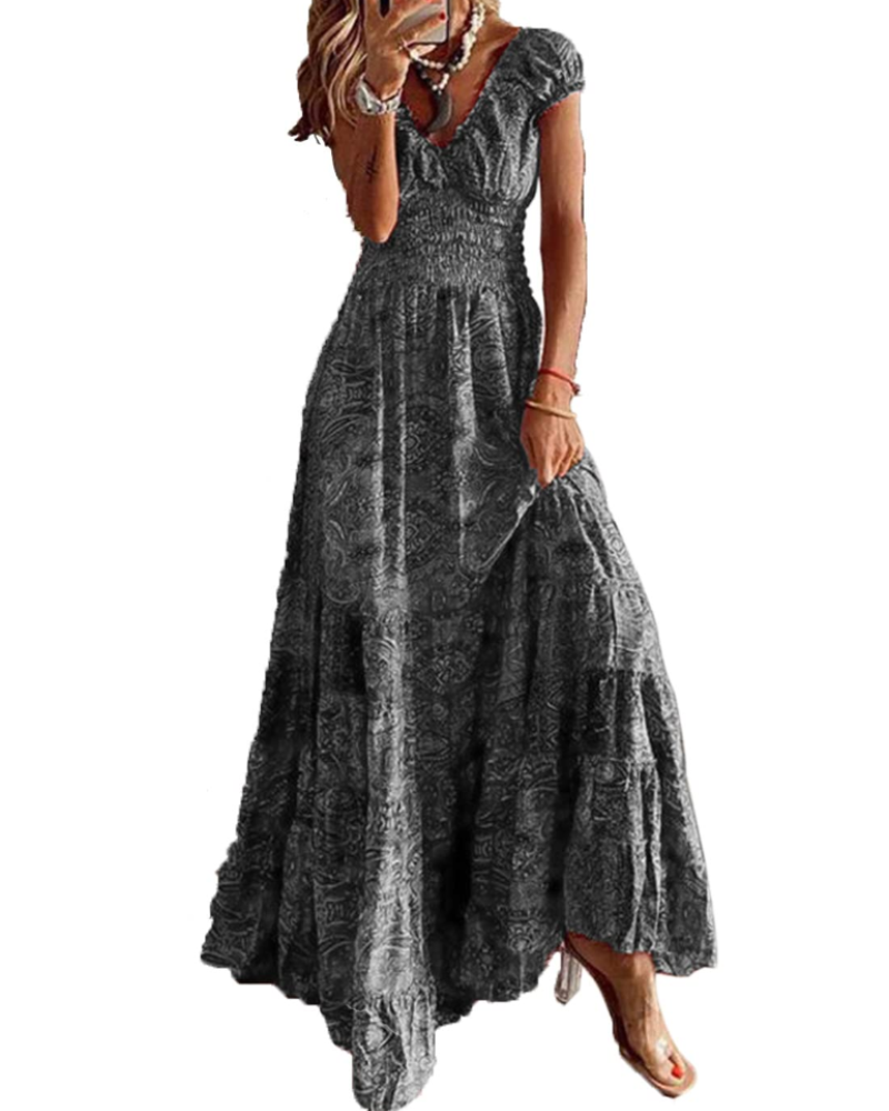 Freya Women's Boho Maxi Dress – Floral V-Neck Summer Dress with Elastic Waist