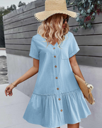 Nora Women's Cotton Linen Dress – V-Neck Knee-Length Dress with Wooden Buttons