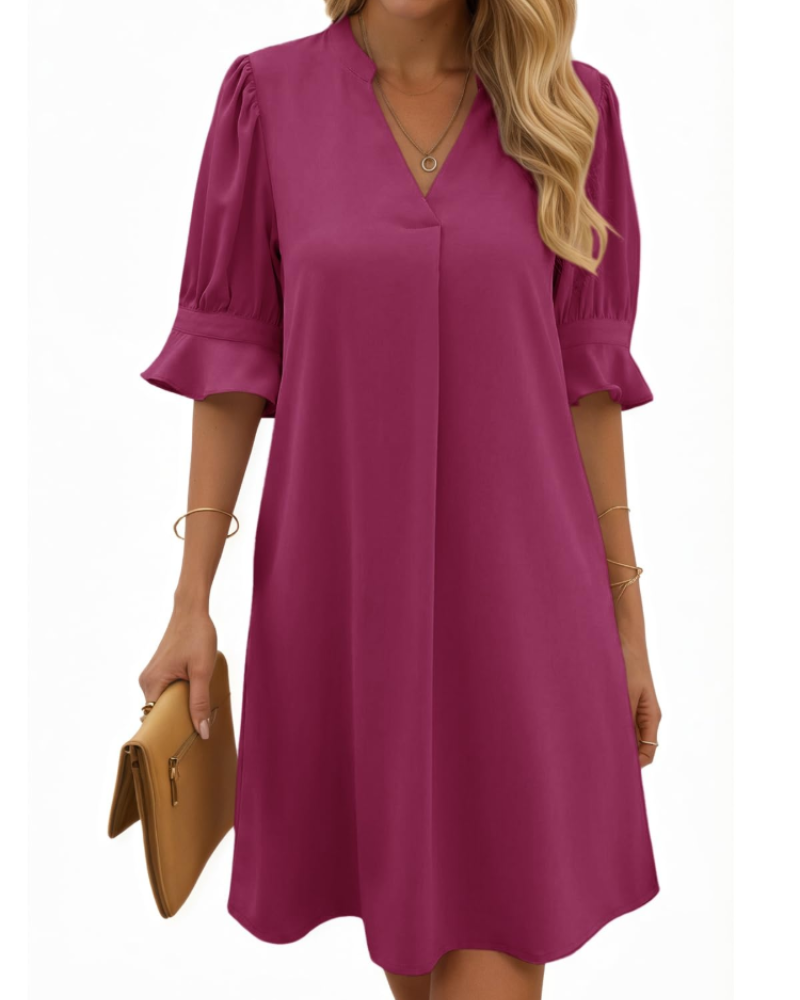 Tessa Women's V-Neck Midi Dress – Ruched Sleeve Summer Dress in Solid Color