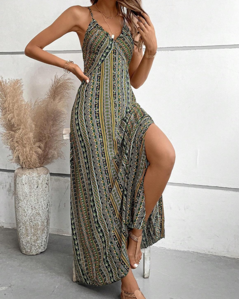 Sienna Women's Bohemian Maxi Dress – Sleeveless V-Neck Ethnic Print Summer Dress