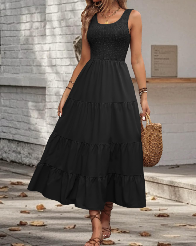 Serena Women’s Midi Dress – Sleeveless Ruffle Swing Dress with Square Neck