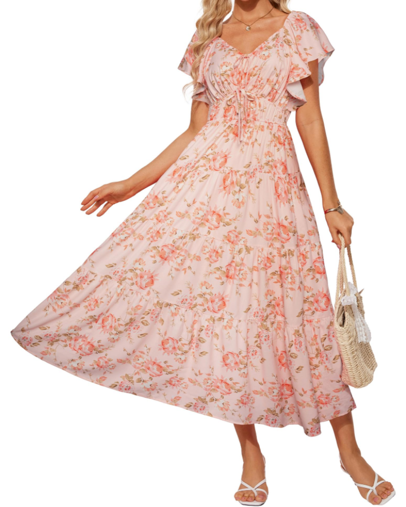 Camryn Women's Floral Maxi Dress – V-Neck Ruffle Sleeve Elastic Waist Boho Dress
