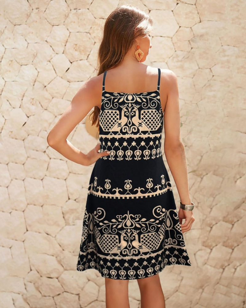 Rowena Women's Halter Midi Dress – Ethnic Print Boho Sleeveless Summer Flow Dress