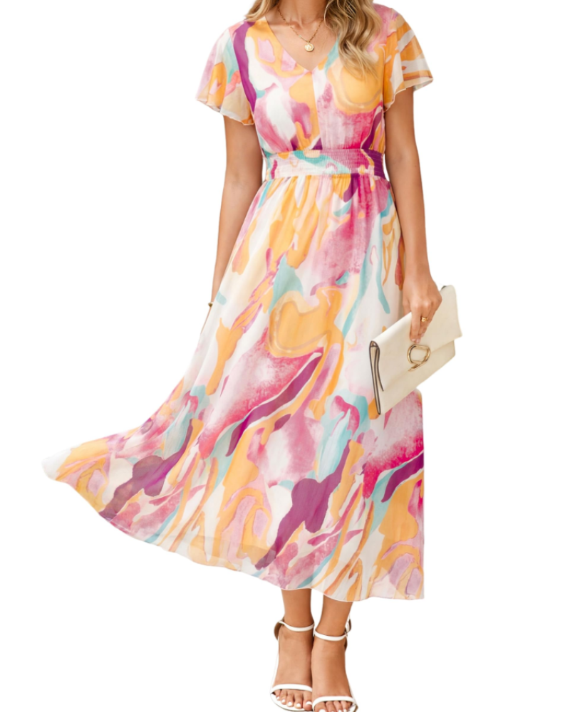 Isabella Women's Floral Maxi Dress – V-Neck Flutter Sleeve Dress for Weddings