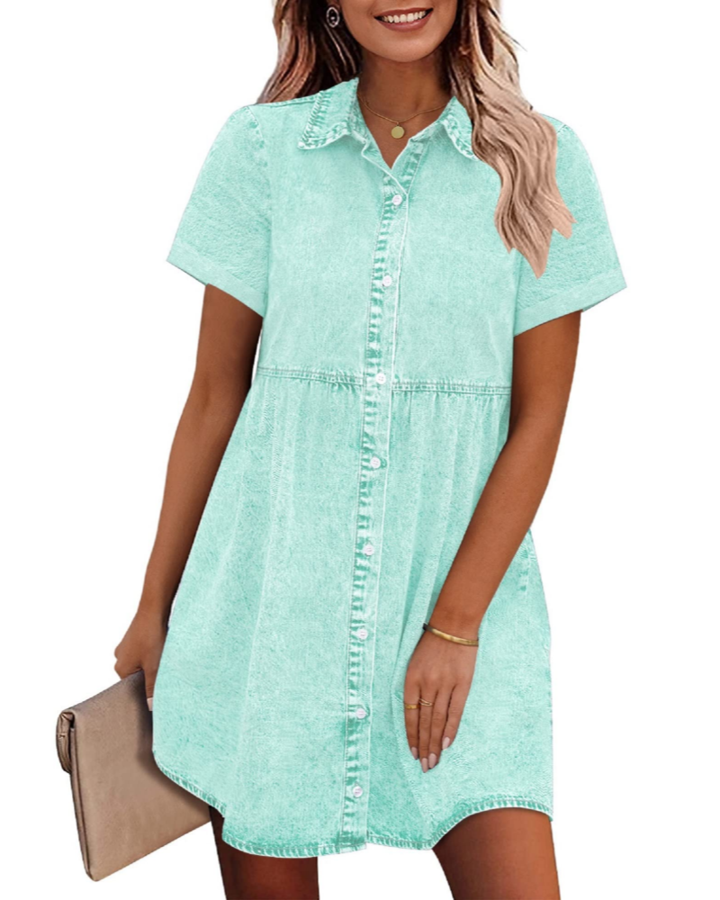 Emma Women's Denim Shirt Dress – Babydoll Button Down Dress with Tiered Detail