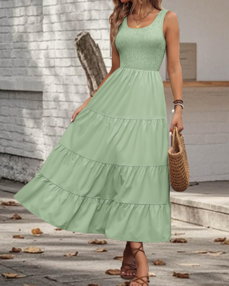 Serena Women’s Midi Dress – Sleeveless Ruffle Swing Dress with Square Neck