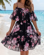 Daisy Women’s Floral Mini Dress – Off Shoulder Ruffle Hem Summer Beach Dress