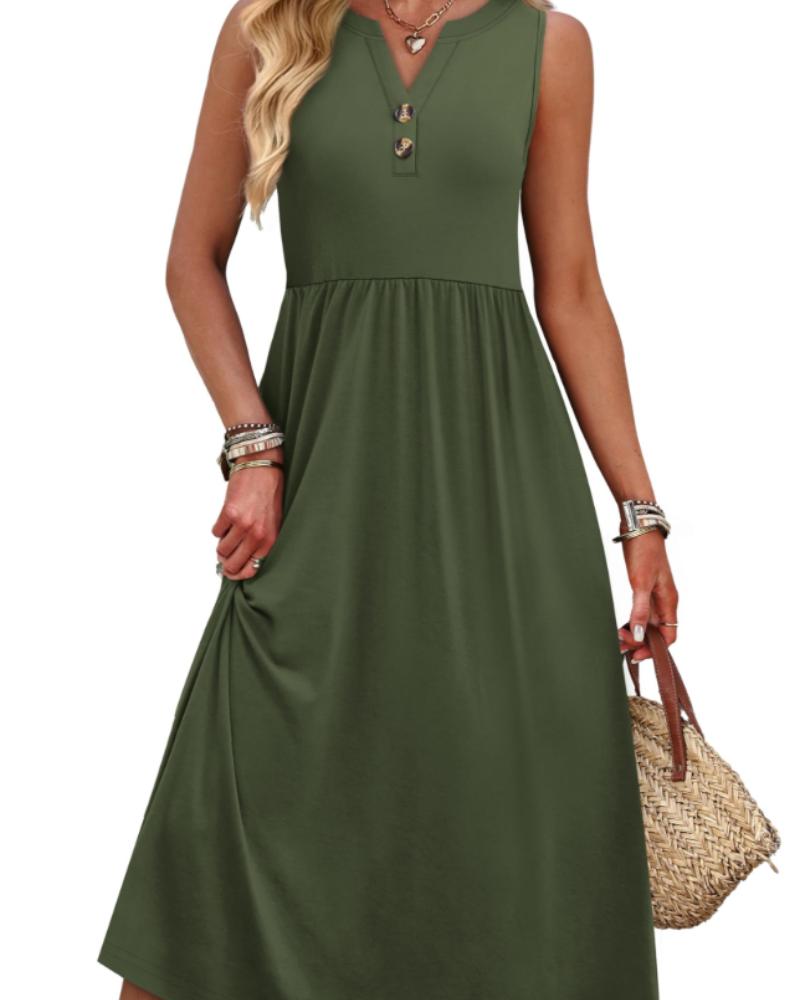 Sophia Women's Maxi Dress – V-Neck Button Front Dress with Pockets and Side Slit
