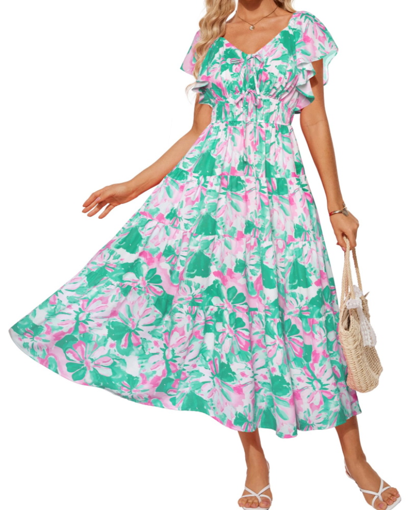 Camryn Women's Floral Maxi Dress – V-Neck Ruffle Sleeve Elastic Waist Boho Dress