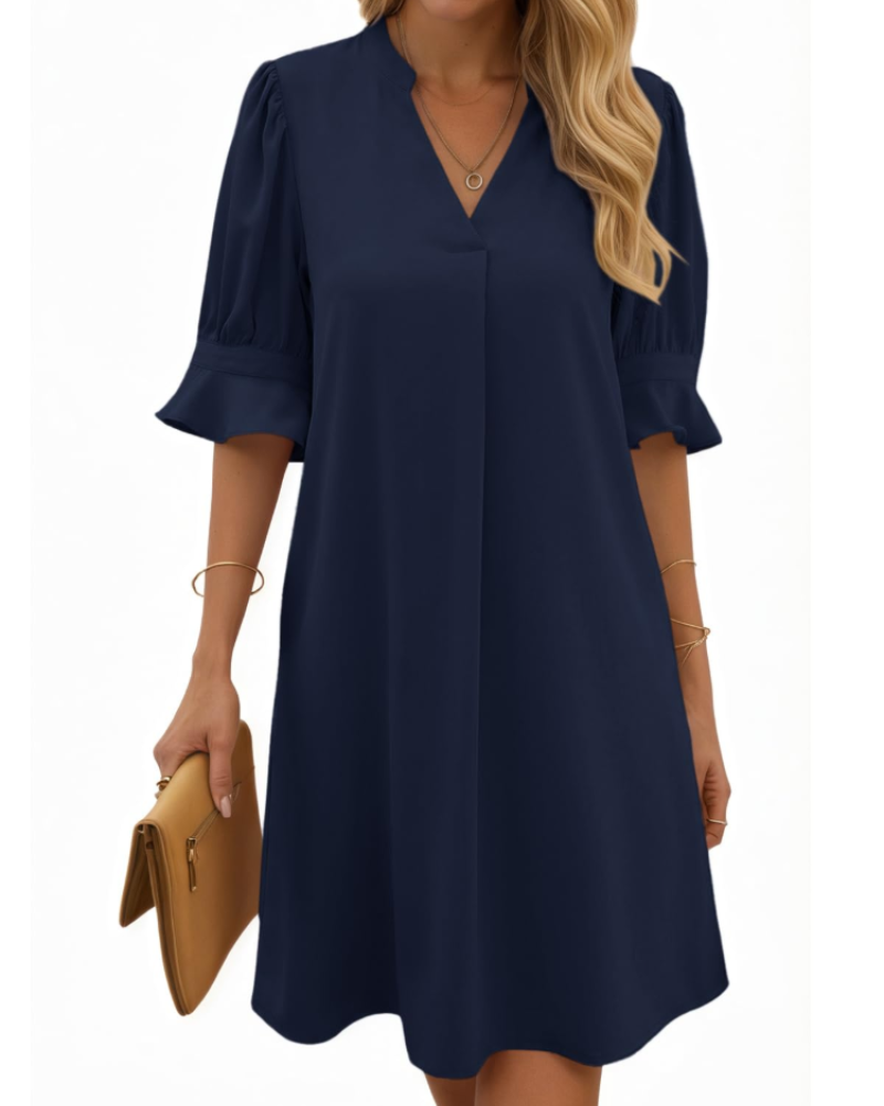 Tessa Women's V-Neck Midi Dress – Ruched Sleeve Summer Dress in Solid Color