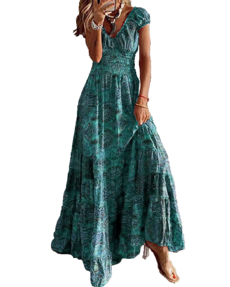 Freya Women's Boho Maxi Dress – Floral V-Neck Summer Dress with Elastic Waist