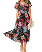 Isabella Women's Floral Maxi Dress – V-Neck Flutter Sleeve Dress for Weddings