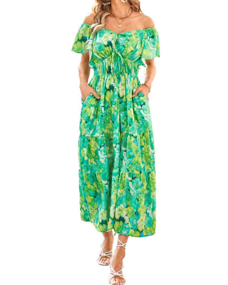 Camryn Women's Floral Maxi Dress – V-Neck Ruffle Sleeve Elastic Waist Boho Dress