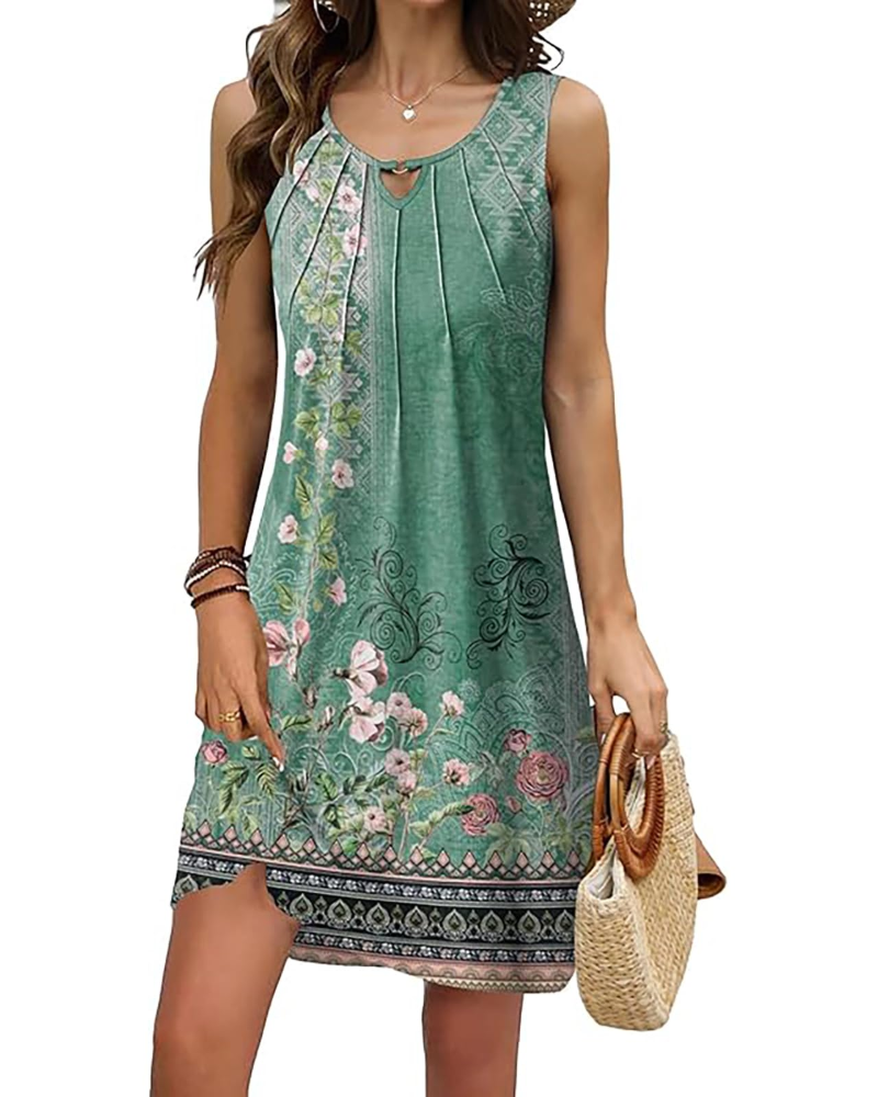 Marina Women's Floral V-Neck Mini Dress – Sleeveless A-Line Dress with Pleated Front