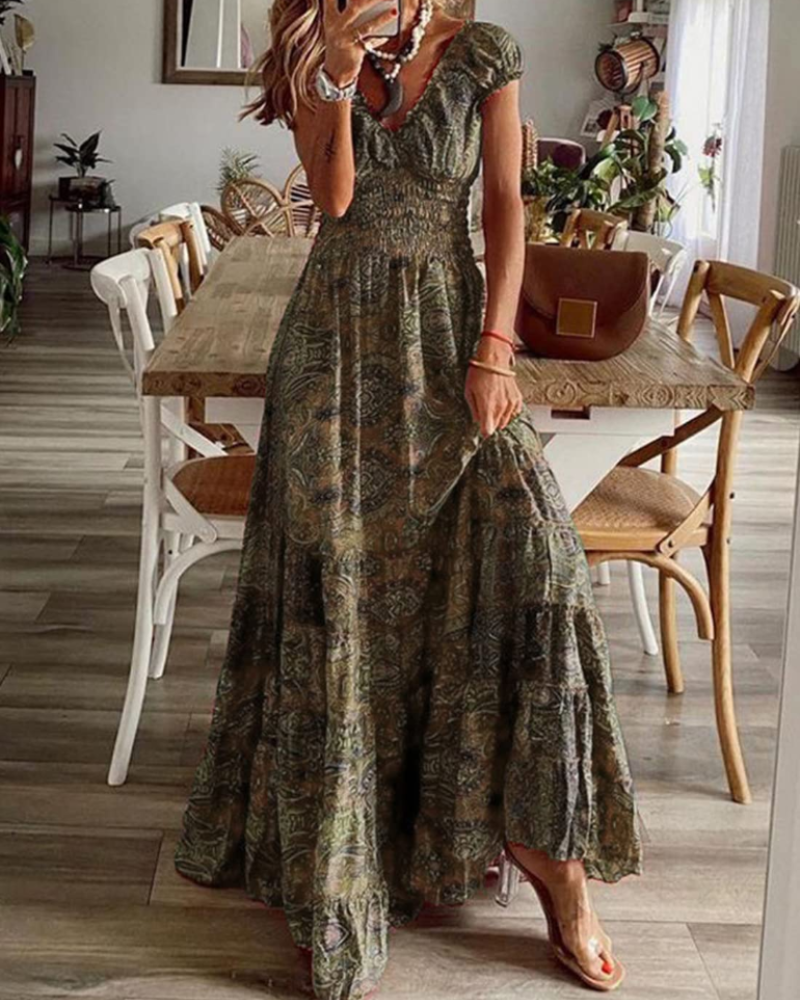Freya Women's Boho Maxi Dress – Floral V-Neck Summer Dress with Elastic Waist