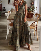 Freya Women's Boho Maxi Dress – Floral V-Neck Summer Dress with Elastic Waist