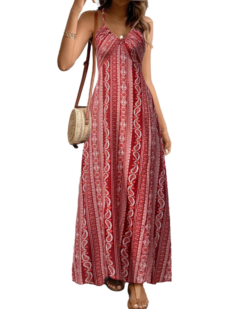 Sienna Women's Bohemian Maxi Dress – Sleeveless V-Neck Ethnic Print Summer Dress