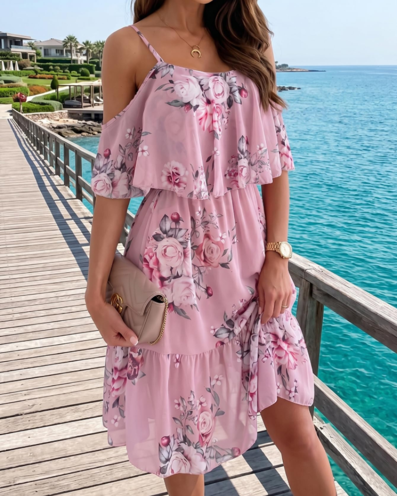 Daisy Women’s Floral Mini Dress – Off Shoulder Ruffle Hem Summer Beach Dress
