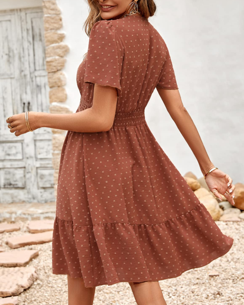 Madeline Women's Polka Dot Mini Dress – V-Neck A-Line Dress with Ruffle Details