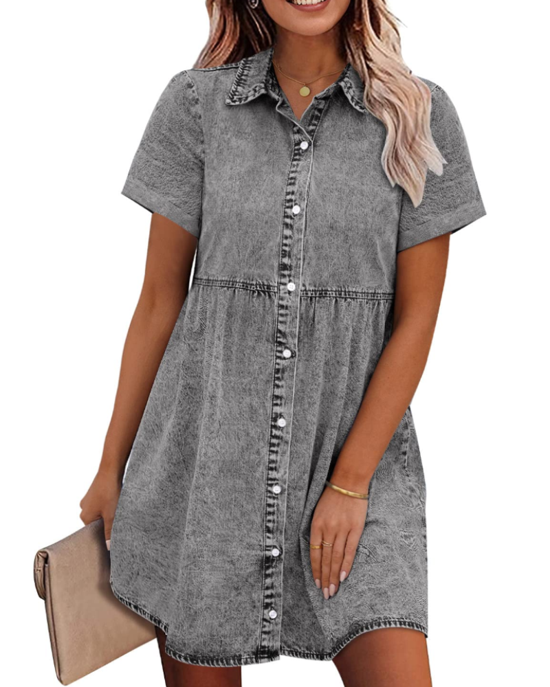 Emma Women's Denim Shirt Dress – Babydoll Button Down Dress with Tiered Detail