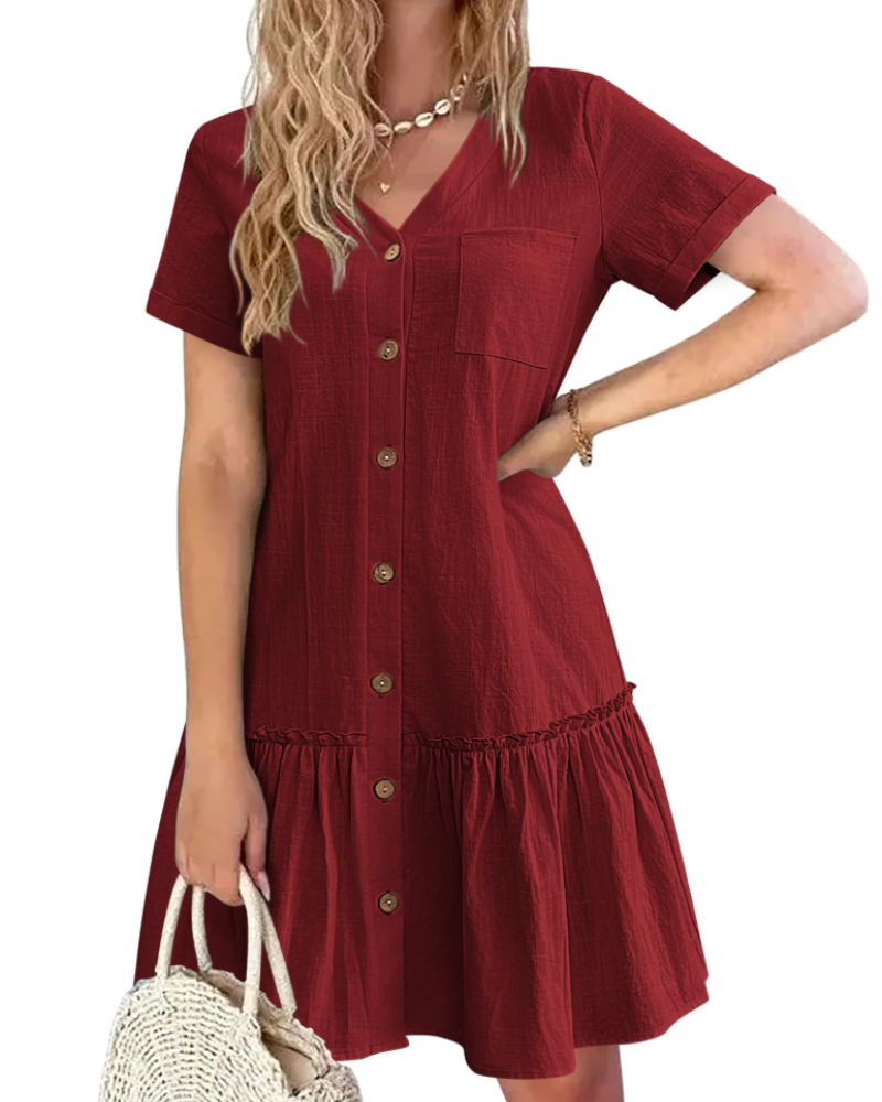 Nora Women's Cotton Linen Dress – V-Neck Knee-Length Dress with Wooden Buttons
