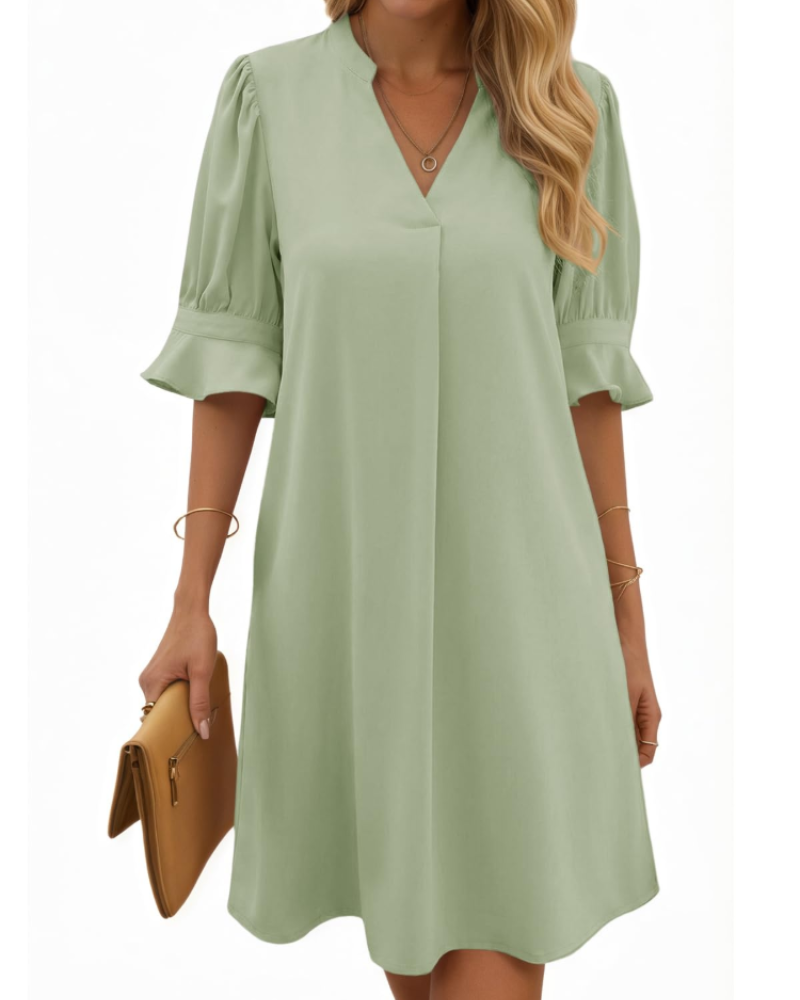 Tessa Women's V-Neck Midi Dress – Ruched Sleeve Summer Dress in Solid Color