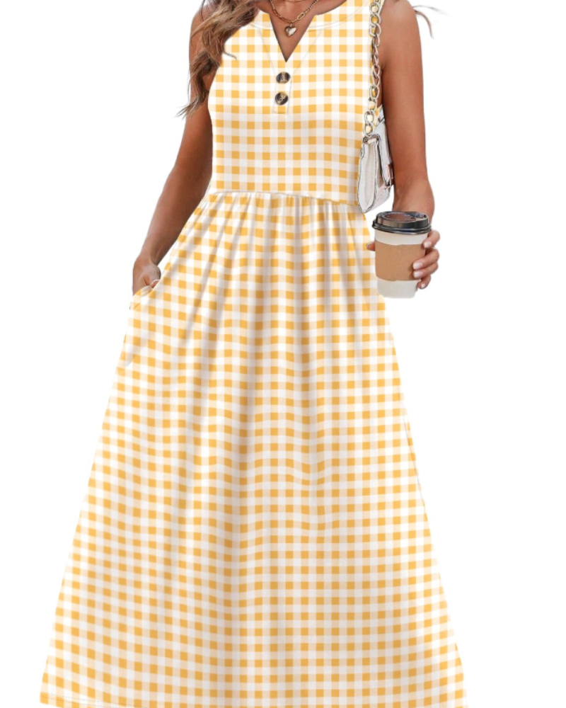 Sophia Women's Maxi Dress – V-Neck Button Front Dress with Pockets and Side Slit