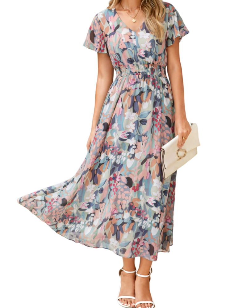 Isabella Women's Floral Maxi Dress – V-Neck Flutter Sleeve Dress for Weddings