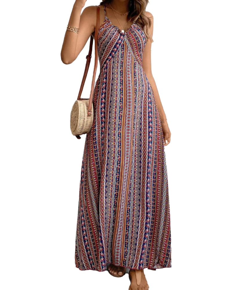 Sienna Women's Bohemian Maxi Dress – Sleeveless V-Neck Ethnic Print Summer Dress
