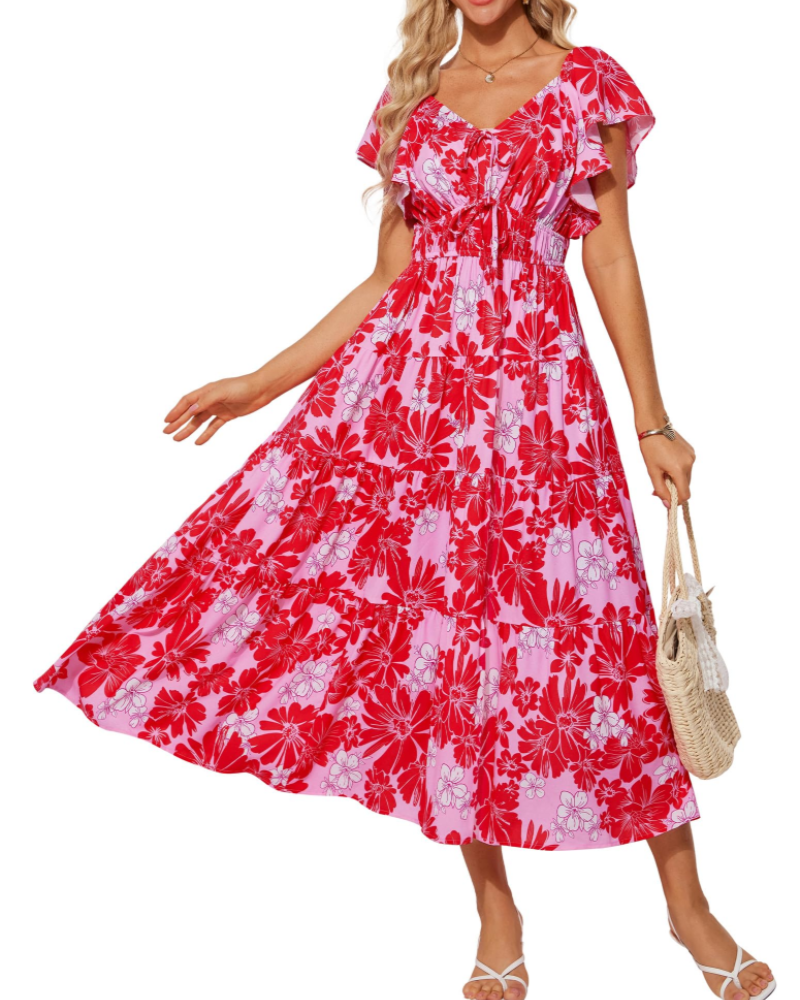 Camryn Women's Floral Maxi Dress – V-Neck Ruffle Sleeve Elastic Waist Boho Dress
