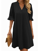 Tessa Women's V-Neck Midi Dress – Ruched Sleeve Summer Dress in Solid Color